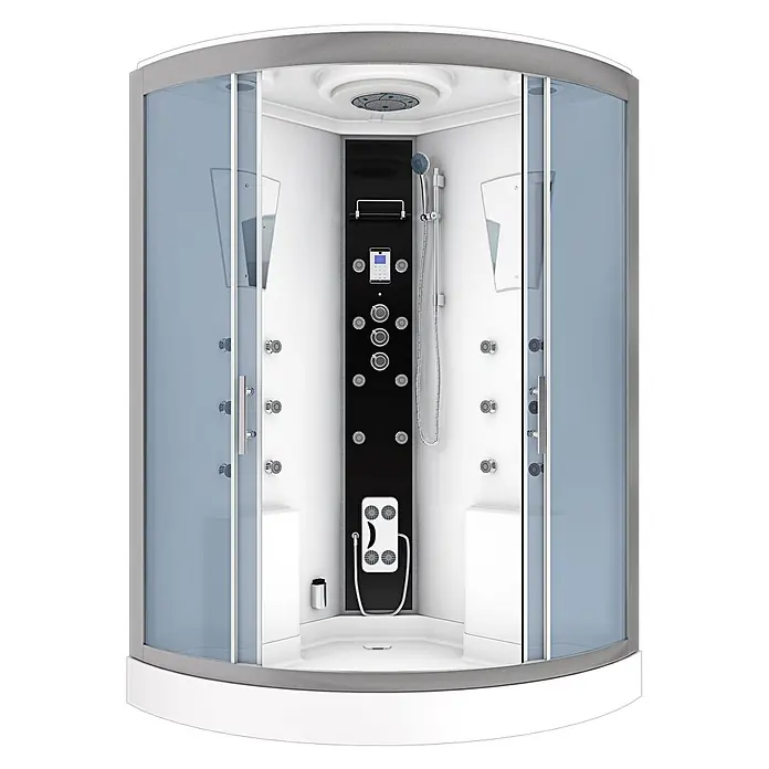AcquaVapore Komplettdusche Dampfdusche D26-TH-EC - 130 x 130 x 220 cm, Weiß - Moderne Duschkabine mit grauem Rahmen, Glasschiebetüren, weißem Interieur, schwarzem Bedienfeld, mehreren Massagedüsen, Hand- und Kopfbrause.