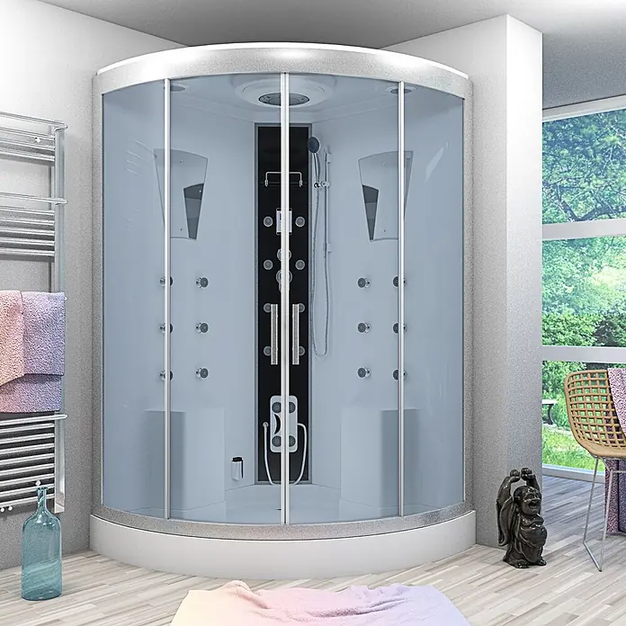 AcquaVapore Komplettdusche Dampfdusche D26-EH - 130 x 130 x 220 cm, Weiß - Moderne Eckduschkabine mit klaren Glastüren, weißem Sockel, schwarzem Bedienfeld und Hydromassage-System.