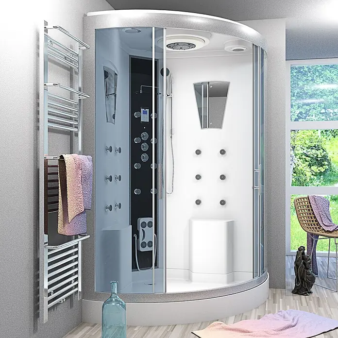 AcquaVapore Komplettdusche Dampfdusche D26-TH - 130 x 130 x 220 cm, Weiß - Moderne Eckdampfduschkabine mit Klarglastüren und Chrom-Handtuchhalter in hellem Badezimmer.