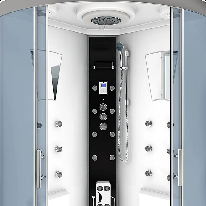AcquaVapore Komplettdusche Dampfdusche D26-TH - 130 x 130 x 220 cm, Weiß - Moderne Duschkabine mit schwarzem Bedienfeld, mehreren Körperdüsen, Handbrause und durchscheinenden Glastüren.
