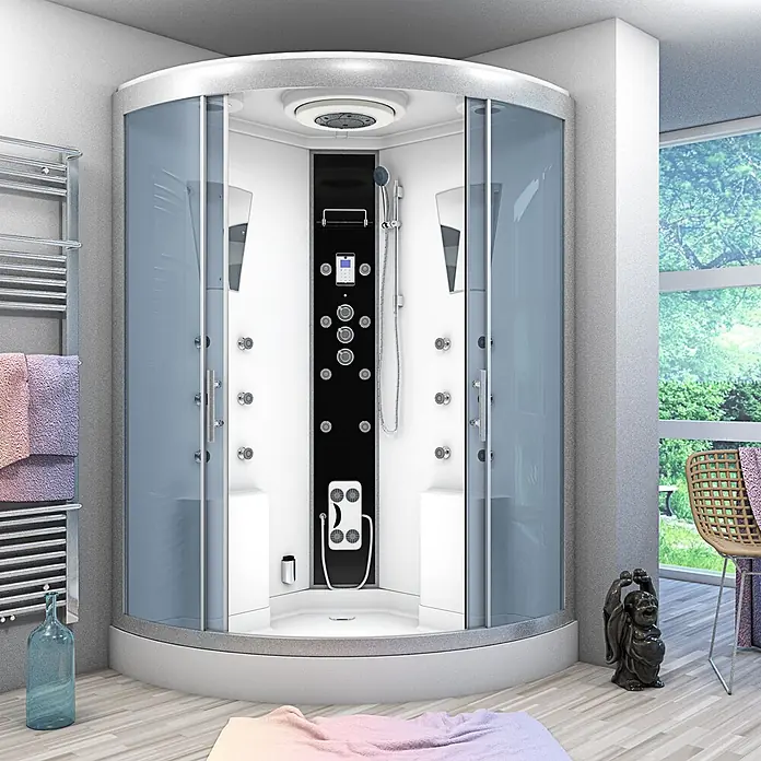 AcquaVapore Komplettdusche Dampfdusche D26-TH - 130 x 130 x 220 cm, Weiß - Moderne weiße und schwarze Duschkabine mit gebogenen Glastüren, Regendusche, Massagedüsen und Bedienfeld in einem geräumigen Badezimmer.