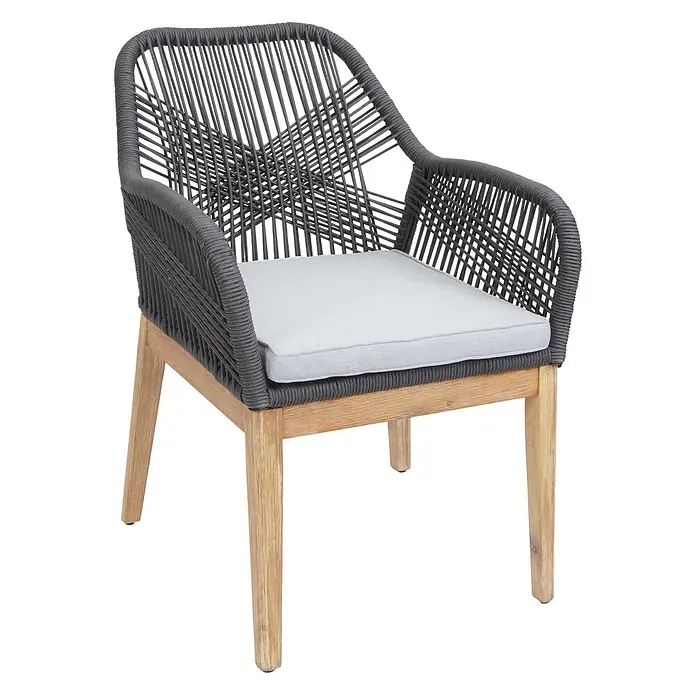 Proregal Gartensessel - Dunkelgrau, B x T x H: 58 x 59 x 85 cm - Dunkelgrauer geflochtener Seilsessel mit hellen Holzbeinen und hellgrauem Sitzkissen.