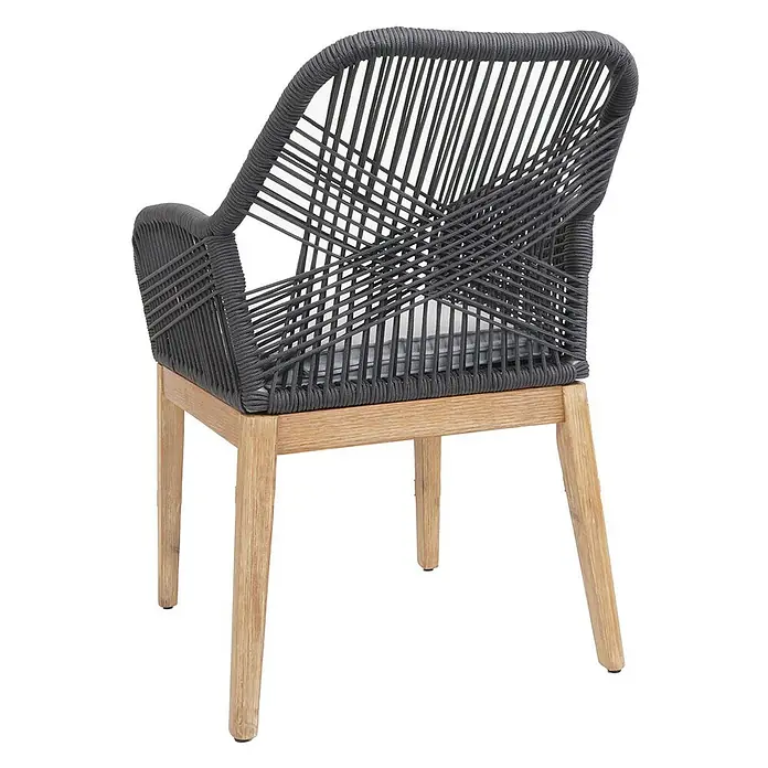 Proregal Gartensessel - Dunkelgrau, B x T x H: 58 x 59 x 85 cm - Dunkelgrauer geflochtener Seilstuhl mit natürlichen Holzbeinen, von hinten-seitlich.
