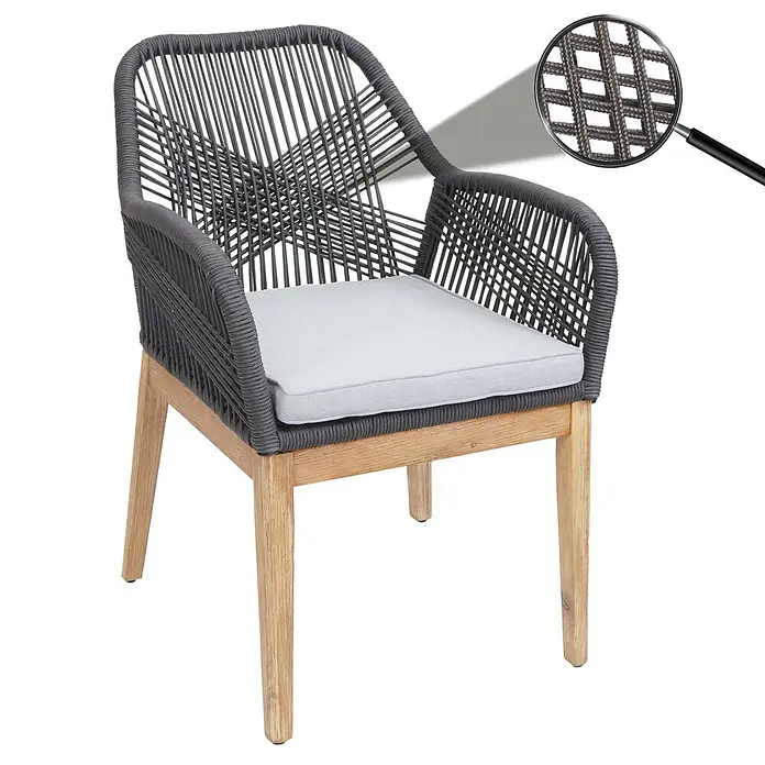 Proregal Gartensessel - Dunkelgrau, B x T x H: 58 x 59 x 85 cm - Grauer Sessel aus geflochtenem Seil mit hellen Holzbeinen und hellgrauem Kissen.
