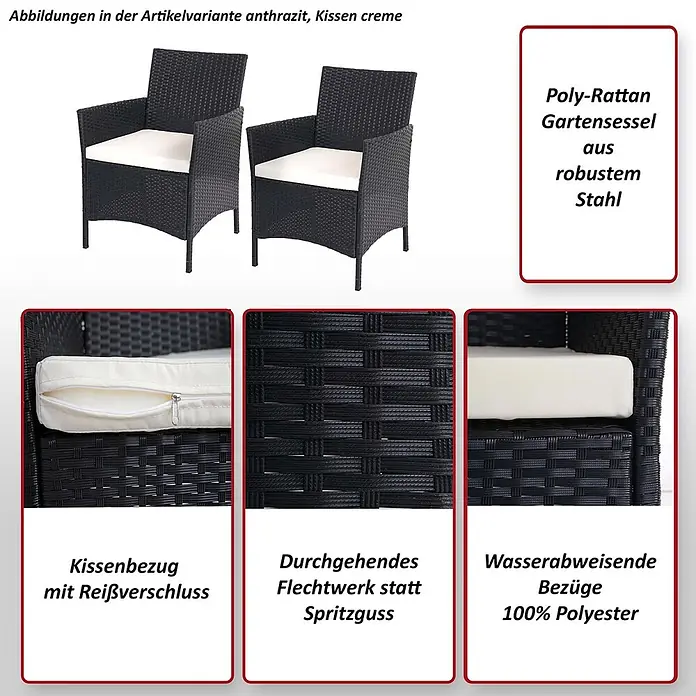 Mendler Gartenstuhl-Set - 2 Stk., Polyrattan, Braun-meliert, B x T x H: 59 x 60 x 83 cm - Zwei anthrazitfarbene Poly-Rattan Gartensessel mit cremefarbenen Kissen, aus robustem Stahl.