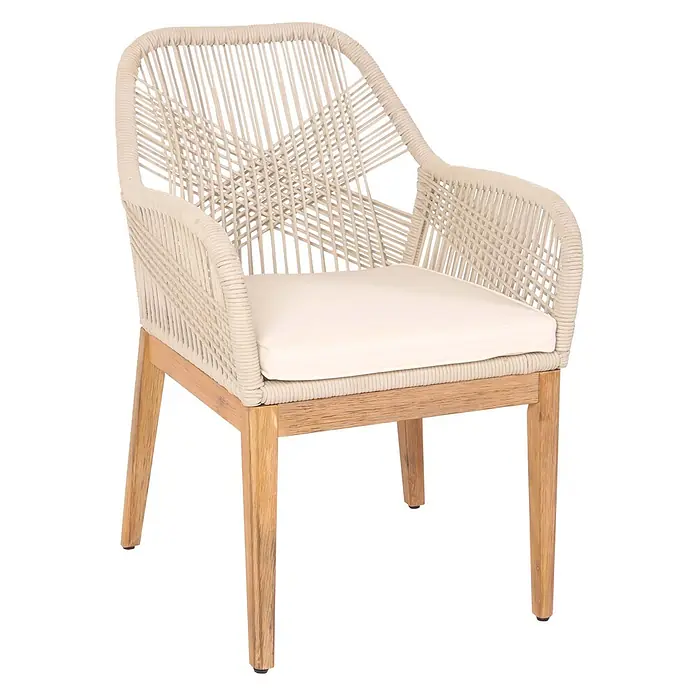Proregal Gartensessel - 1 Stk., Beige - Heller beiger Sessel mit Seilgeflecht, Naturholzrahmen und cremefarbenem Kissen.