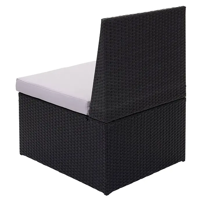 Mendler Gartensessel HWC-G16 - 1 Stk., Polyrattan, Schwarz, B x T x H: 60 x 70 x 85 cm - Schwarzes Rattan-Gartensofa-Element mit hellgrauem Kissen.