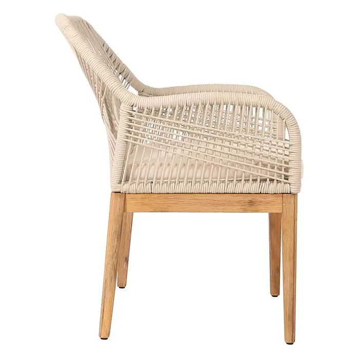 Proregal Gartensessel - 1 Stk., Beige - Seitenansicht eines beigefarbenen Sessels aus geflochtenem Seil mit hellen Holzbeinen.