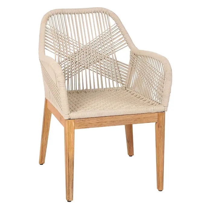 Proregal Gartensessel - 1 Stk., Beige - Stuhl mit natürlichen Holzbeinen und einer hellen, geflochtenen Seilbespannung.