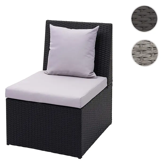 Mendler Gartensessel HWC-G16 - 1 Stk., Polyrattan, Schwarz, B x T x H: 60 x 70 x 85 cm - Dunkelbrauner geflochtener Gartenstuhl mit hellgrauen Kissen. Muster zeigen dunkelbraunes und hellgraues Rattan.