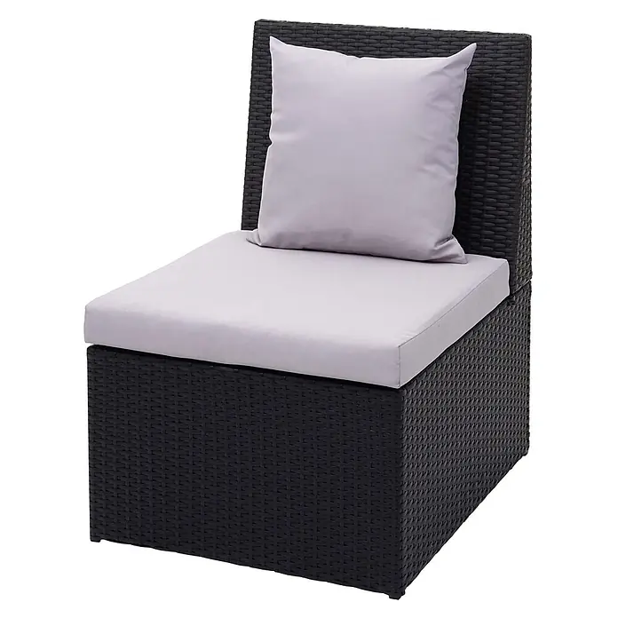 Mendler Gartensessel HWC-G16 - 1 Stk., Polyrattan, Schwarz, B x T x H: 60 x 70 x 85 cm - Schwarzer Rattansessel mit hellgrauen Sitz- und Rückenkissen.