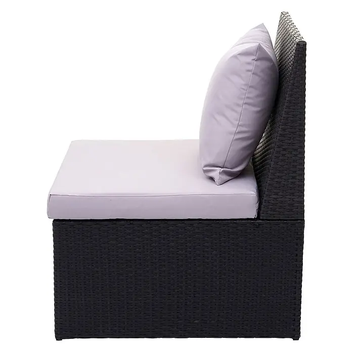 Mendler Gartensessel HWC-G16 - 1 Stk., Polyrattan, Schwarz, B x T x H: 60 x 70 x 85 cm - Seitenansicht eines schwarzen Rattan-Gartenlounge-Sitzes mit hellgrauen Sitz- und Rückenkissen.