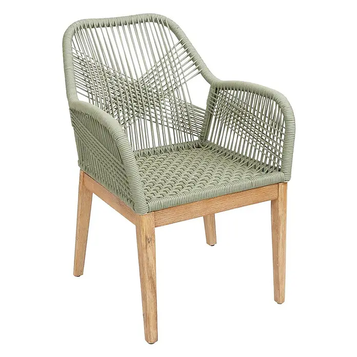 Proregal Gartensessel - Grün, B x T x H: 58 x 59 x 85 cm - Sessel mit salbeigrünem geflochtenem Seilgewebe an Sitz und Rücken, auf hellen Holzbeinen.