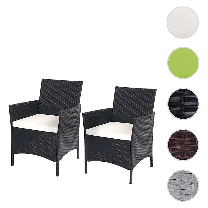 Proregal Gartensessel 2er-Set - Poly-Rattan, Anthrazit, B x T x H: 59 x 60 x 83 cm - Zwei schwarze Rattan-Gartenstühle mit weißen Kissen. Farbmuster zeigen alternative Kissen- und Materialfarben.