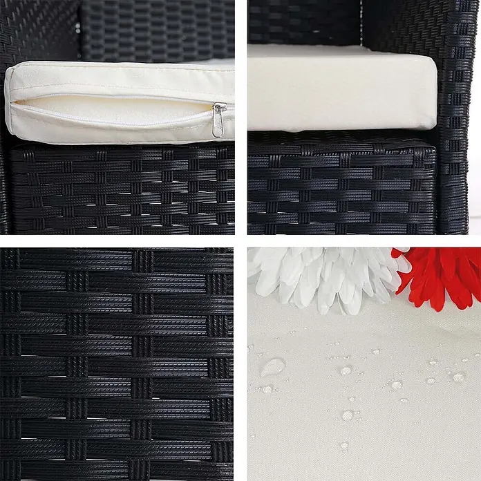Proregal Gartensessel 2er-Set - Poly-Rattan, Anthrazit, B x T x H: 59 x 60 x 83 cm - Details schwarzer Rattan-Gartenmöbel: cremefarbene Kissen mit Reißverschlüssen und wasserabweisender Stoff mit Tropfen.