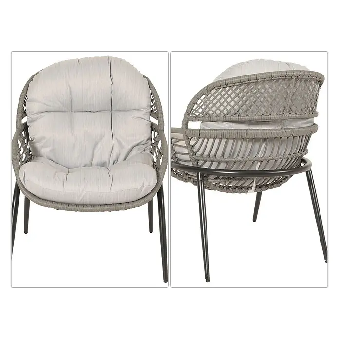 Proregal Gartenstuhl-Set Garnitur mit Tisch - Poly-Rattan, Grau, B x T x H: 67 x 68 x 85,5 cm - Grauer Outdoor-Sessel mit geflochtenem Rattan-Gestell, hellgrauen Kissen und schwarzen Metallbeinen.
