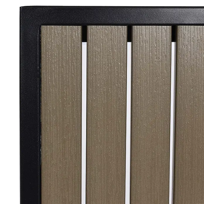 Mendler Gartenstuhl-Set HWC-J95 - 2 Stk., Metall, Grau, B x T x H: 57 x 53 x 87 cm - Braune Holzoptik-Lamellen mit weißen Trennern in einem schwarzen Rahmen.