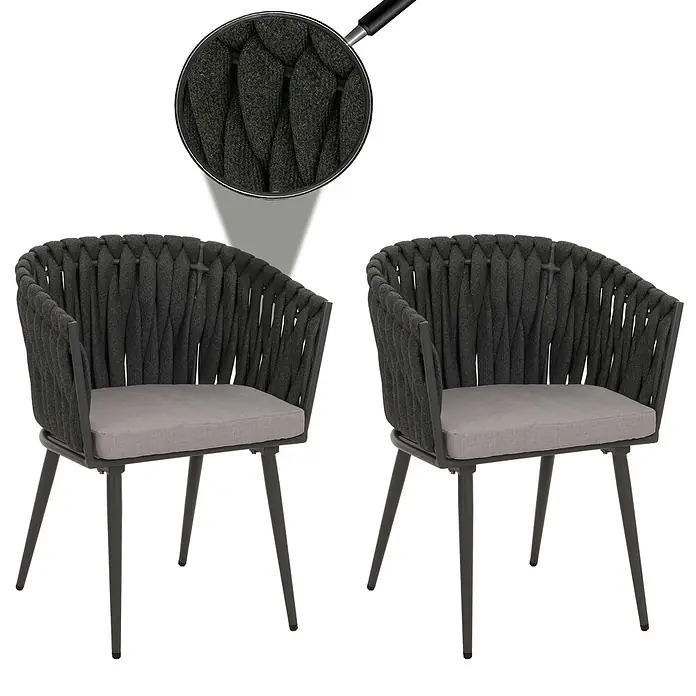 Proregal Gartenstuhl-Set 2er aus Aluminium - 2 Stk., Anthrazit - Zwei dunkelgraue Stühle mit geflochtenem Seil, hellgrauen Sitzkissen und dunkelgrauen Metallbeinen.