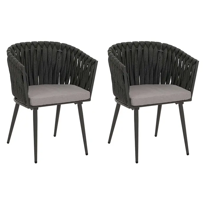 Proregal Gartenstuhl-Set 2er aus Aluminium - 2 Stk., Anthrazit - Zwei dunkelgraue Stühle mit geflochtenen Seillehnen, hellgrauen Kissen und schwarzen Metallbeinen.