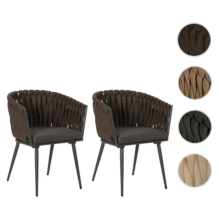 Proregal Gartenstuhl-Set 2er aus Aluminium - 2 Stk., Creme, B x T x H: 61 x 57 x 82 cm - Zwei dunkelbraune Stühle mit geflochtenen Lehnen, dunklen Kissen und Metallbeinen, mit Farbmustern für Braun, Beige, Schwarz und Hellbeige.