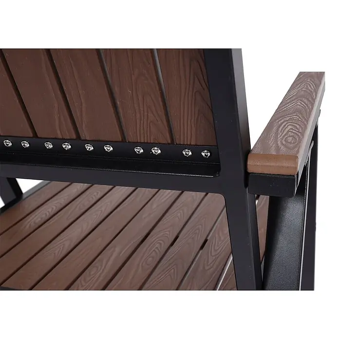 Mendler Gartenstuhl-Set HWC-J95 - 2 Stk., Metall, Dunkelbraun, B x T x H: 57 x 53 x 87 cm - Dunkelbraune Latten-Sitzfläche und Rückenlehne mit Holzmaserung, schwarzer Metallrahmen, silberne Schrauben.