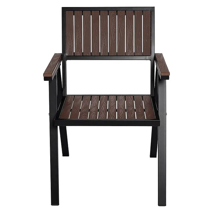 Mendler Gartenstuhl-Set HWC-J95 - 2 Stk., Metall, Dunkelbraun, B x T x H: 57 x 53 x 87 cm - Brauner Lattenstuhl für den Außenbereich mit schwarzem Metallrahmen und Armlehnen.