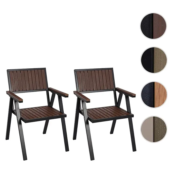 Proregal Gartenstuhl-Set 2er - 2 Stk., Grau - Zwei Outdoor-Stühle: dunkelbraune Latten an Sitzflächen, Rückenlehnen und Armlehnen; schwarze Metallrahmen. Farboptionen sichtbar.