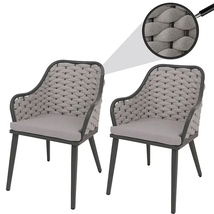 Proregal Gartenstuhl-Set 2er - 2 Stk., Hellgrau, B x T x H: 59 x 63 x 84 cm - Zwei graue Stühle mit geflochtenen Rückenlehnen und Armlehnen aus Seil, dunklem Metallgestell und hellgrauen Sitzkissen.