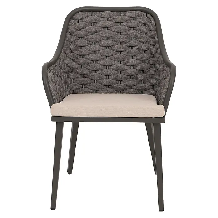 Proregal Gartenstuhl-Set 2er - 2 Stk., Anthrazit - Grauer Outdoor-Sessel mit geflochtener Rückenlehne und Armlehnen, mit hellbeigem Sitzkissen.