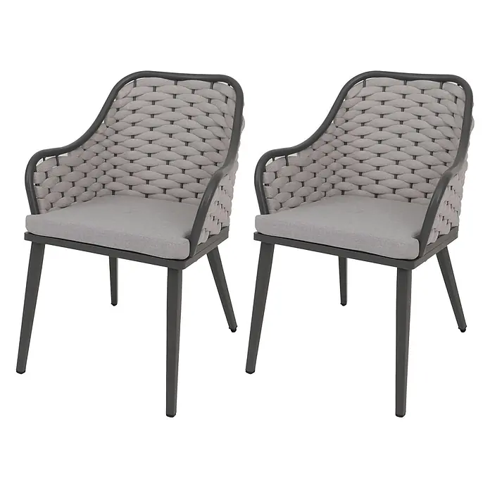 Proregal Gartenstuhl-Set 2er - 2 Stk., Hellgrau, B x T x H: 59 x 63 x 84 cm - Ein Paar hellgraue geflochtene Seilstühle mit dunkelgrauem Metallrahmen und Sitzkissen.