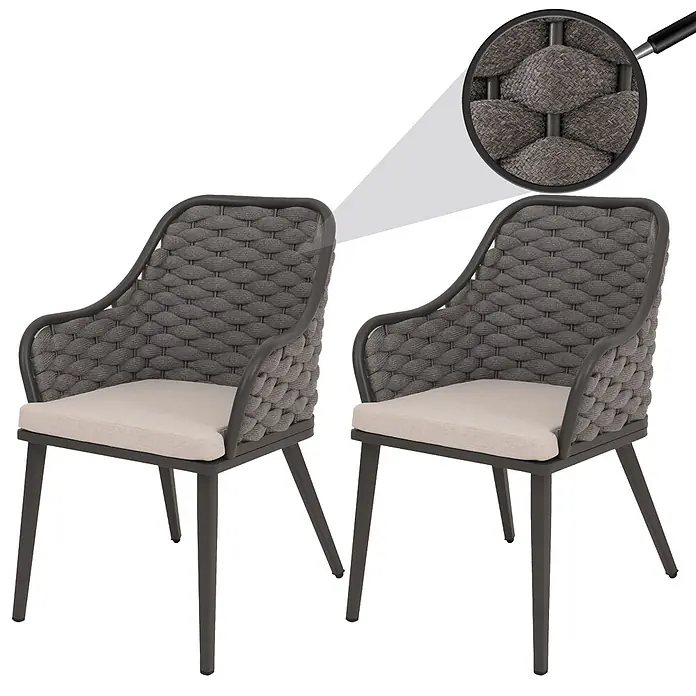Proregal Gartenstuhl-Set 2er - 2 Stk., Anthrazit - Zwei graue Gartenstühle mit geflochtenem Seil, dunklem Gestell und hellen Kissen, Detailansicht des Flechtmusters.