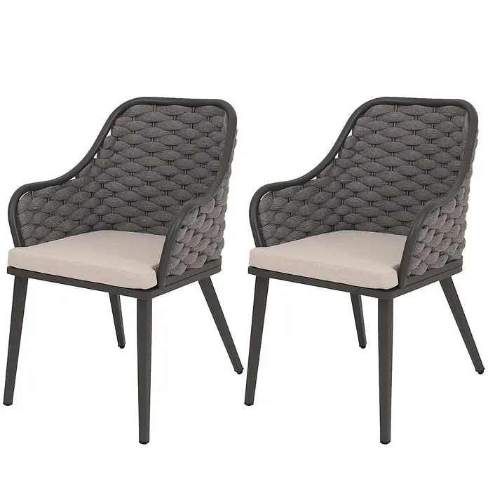 Proregal Gartenstuhl-Set 2er - 2 Stk., Anthrazit - Zwei dunkelgraue Stühle aus geflochtenem Seil mit hellbeigen Kissen und dunkelgrauem Metallrahmen.