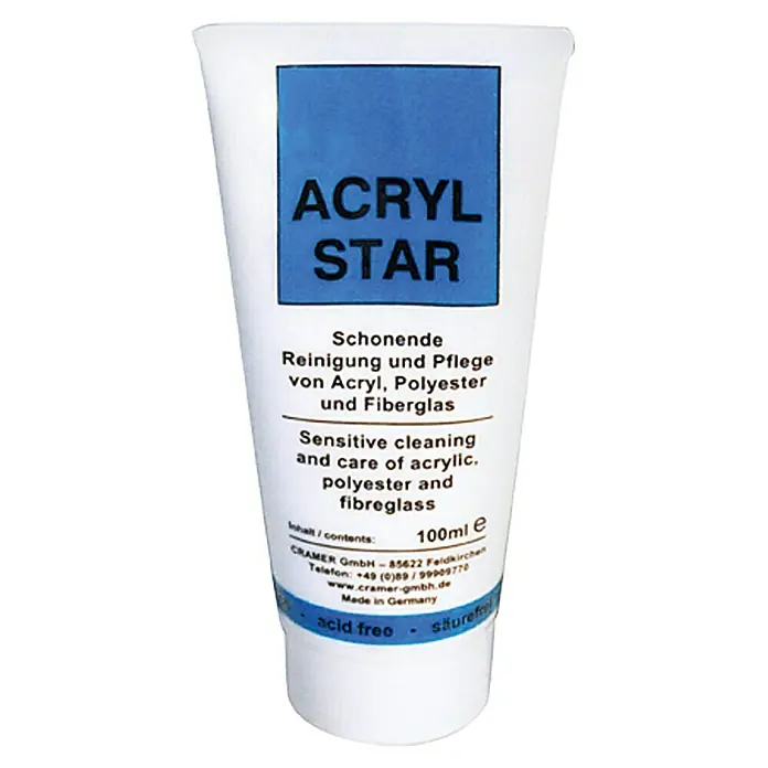 Politur- & Reinigungspaste Acryl-Star - 100 ml - Acryl Star Reinigungs- und Pflegemittel für Acryl, Polyester und Fiberglas in einer weißen Tube mit blauem Aufdruck.