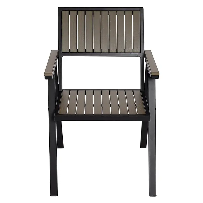 Mendler Gartenstuhl-Set HWC-J95 - 2 Stk., Metall, Grau, B x T x H: 57 x 53 x 87 cm - Outdoorstuhl mit schwarzem Metallrahmen und brauner Lattenrückenlehne, Sitzfläche und Armlehnen.
