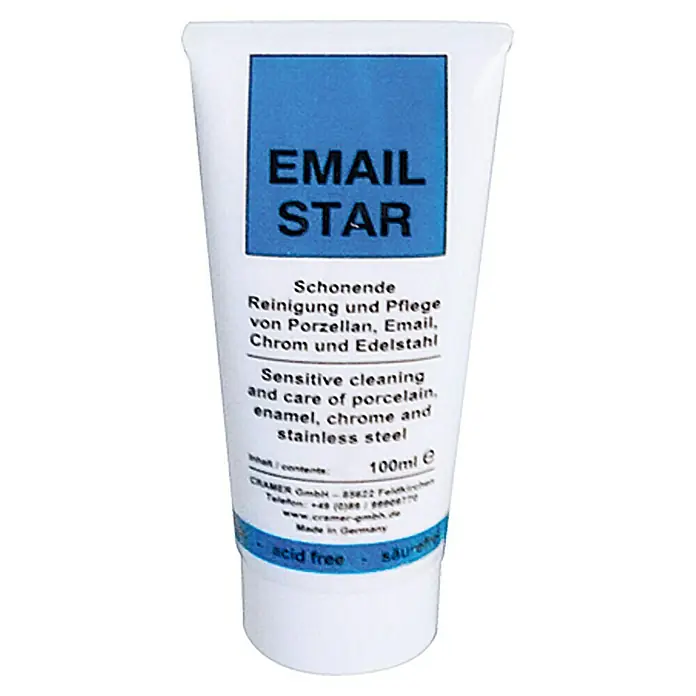 Politur- & Reinigungspaste Email-Star - 100 ml - Tube Email Star Reinigungs- und Pflegemittel für Porzellan, Email, Chrom und Edelstahl. Schonende Reinigung für sensible Oberflächen.