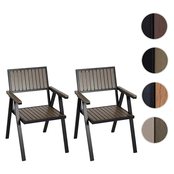 Mendler Gartenstuhl-Set HWC-J95 - 2 Stk., Metall, Grau, B x T x H: 57 x 53 x 87 cm - Zwei Outdoor-Esszimmerstühle mit dunklem Metallgestell und Holzoptik-Latten für Sitz, Rückenlehne und Armlehnen. Inklusive Materialfarbmuster.