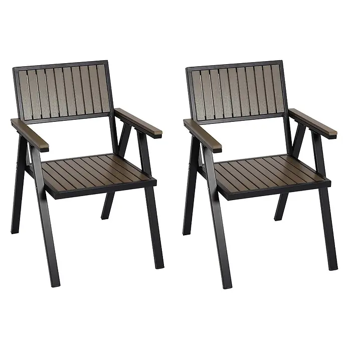 Mendler Gartenstuhl-Set HWC-J95 - 2 Stk., Metall, Grau, B x T x H: 57 x 53 x 87 cm - Zwei Gartenstühle mit schwarzem Metallgestell und braunen Lattenrosten an Sitz, Rückenlehne und Armlehnen.