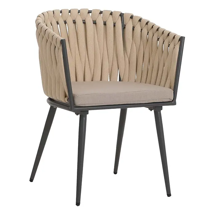 Proregal Gartenstuhl-Set 2er aus Aluminium - 2 Stk., Creme, B x T x H: 61 x 57 x 82 cm - Beiger Flechtstuhl mit dunkelgrauem Metallgestell und hellbeigem Sitzkissen.