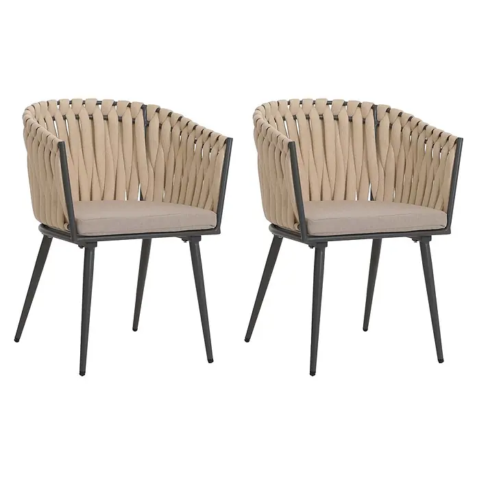 Proregal Gartenstuhl-Set 2er aus Aluminium - 2 Stk., Creme, B x T x H: 61 x 57 x 82 cm - Zwei beigefarbene Sessel mit geflochtenen Seillehnen, dunkelgrauem Metallgestell und hellbeigen Sitzkissen.