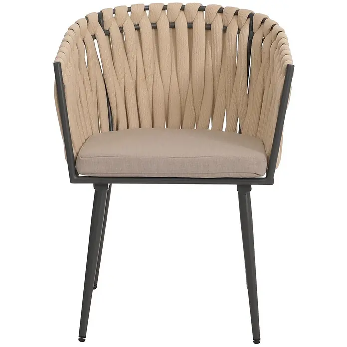 Proregal Gartenstuhl-Set 2er aus Aluminium - 2 Stk., Creme, B x T x H: 61 x 57 x 82 cm - Beige geflochtener Sessel mit dunkelgrauem Metallgestell und Sitzkissen.