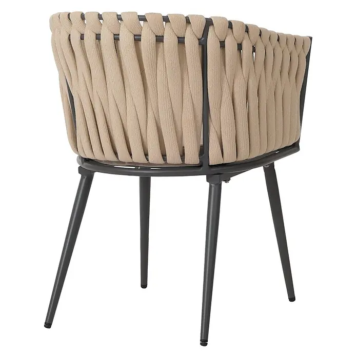 Proregal Gartenstuhl-Set 2er aus Aluminium - 2 Stk., Creme, B x T x H: 61 x 57 x 82 cm - Moderner Stuhl, Rückansicht, mit dunkelgrauem Metallrahmen und geflochtener beiger Rückenlehne und Armlehnen.