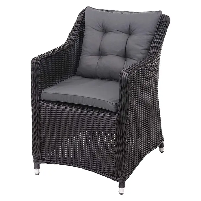Mendler Poly-Rattan Garnitur HWC-F51 Rattan -  - Dunkelgrauer Rattansessel mit dunkelgrauen Sitz- und Rückenkissen.