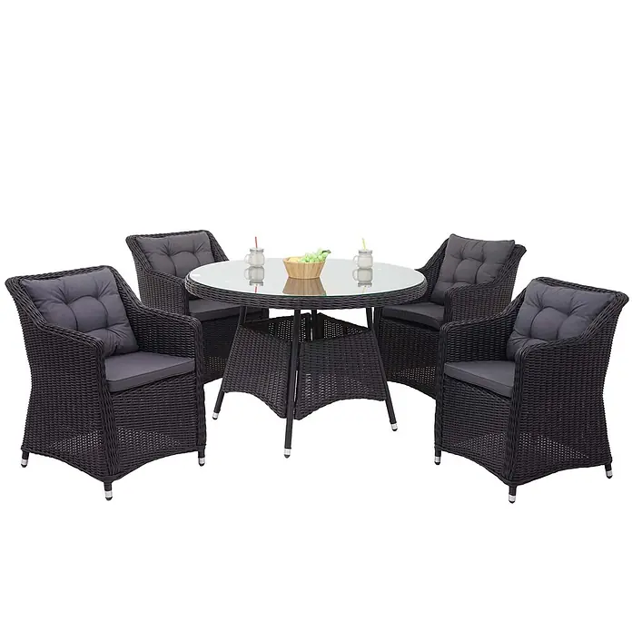 Mendler Poly-Rattan Garnitur HWC-F51 Rattan -  - Dunkelgraues Rattan-Gartenset mit rundem Glastisch und vier Stühlen mit dunkelgrauen Kissen.