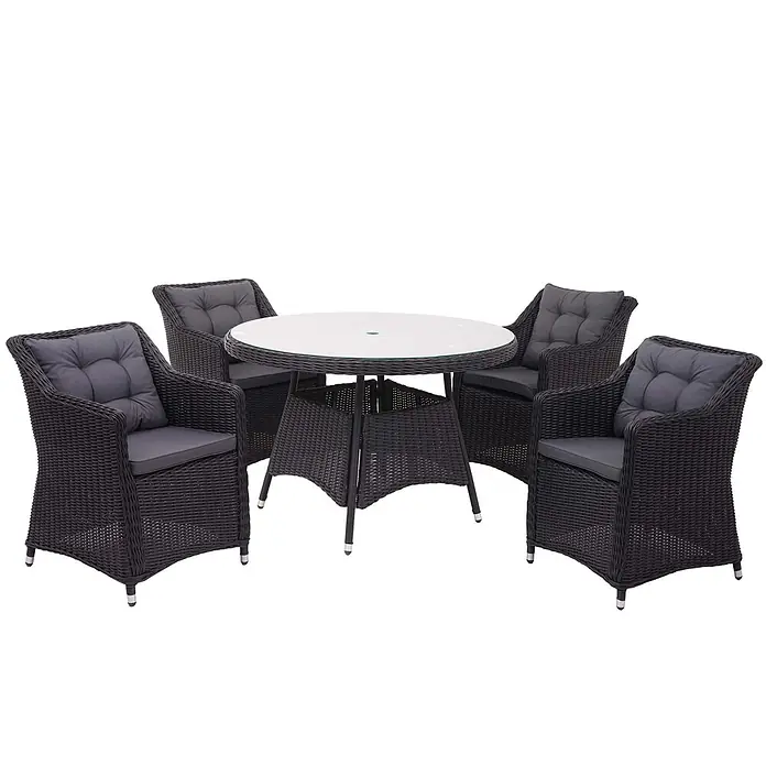Mendler Poly-Rattan Garnitur HWC-F51 Rattan -  - Dunkles Rattan-Gartenset mit rundem Glastisch und vier Stühlen mit grauen Auflagen.
