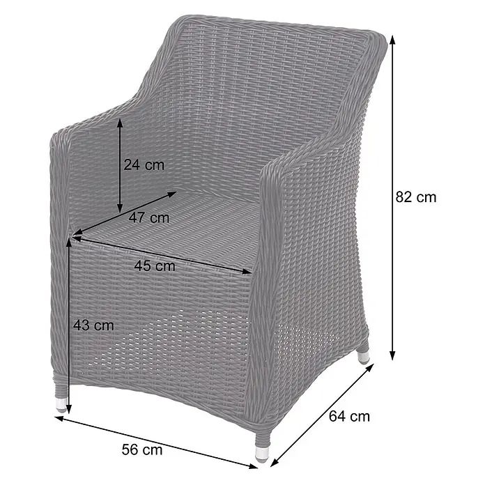 Mendler Poly-Rattan Garnitur HWC-F51 Rattan -  - Grauer Sessel im Rattan-Stil mit Maßangaben für Höhe, Breite, Tiefe und Armlehnenhöhe.