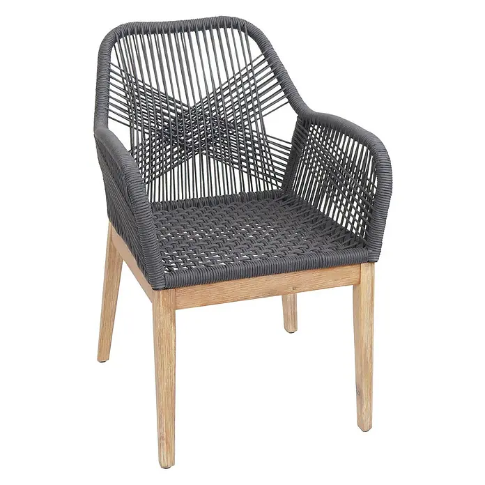 Proregal Gartenstuhl-Set 2er - 2 Stk., Dunkelgrau - Grauer Sessel aus geflochtenem Seil mit Beinen aus Naturholz.