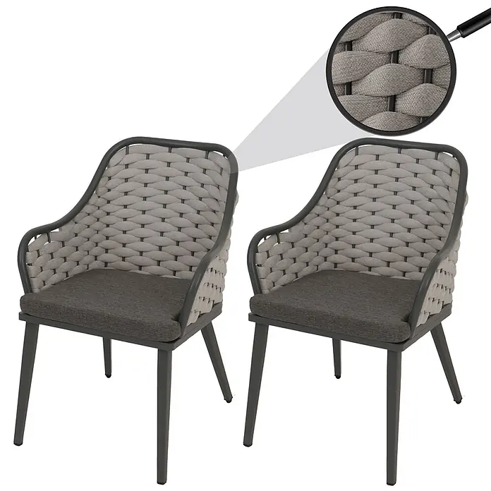 Proregal Gartenstuhl-Set 2er - 2 Stk., Hellgrau, B x T x H: 59 x 63 x 84 cm - Zwei moderne Stühle mit hellgrau geflochtenen Rückenlehnen, dunkelgrauen Gestellen und Sitzkissen.
