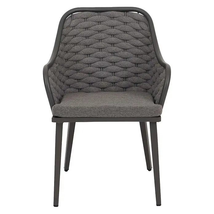 Proregal Gartenstuhl-Set 2er - 2 Stk., Anthrazit, B x T x H: 59 x 63 x 84 cm - Dunkelgrauer Outdoor-Esszimmerstuhl mit geflochtener Rückenlehne und Armlehnen sowie passendem Sitzkissen.