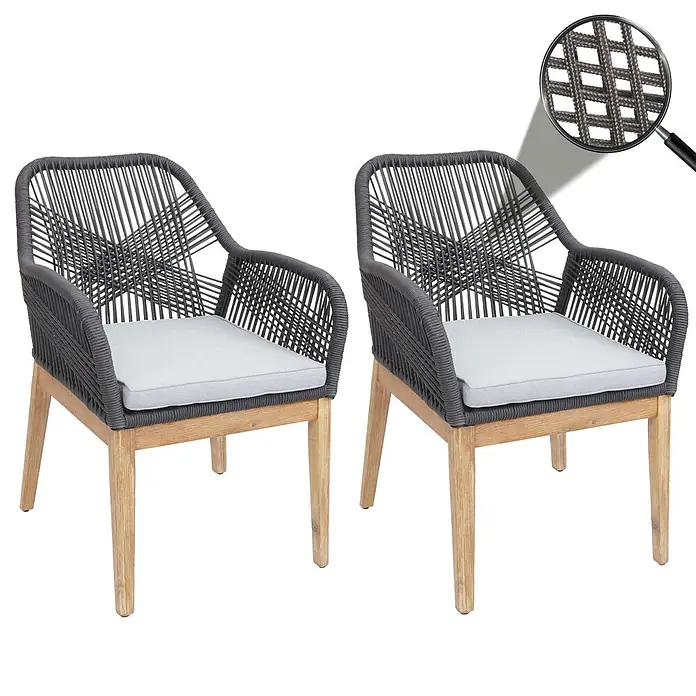 Proregal Gartenstuhl-Set 2er - 2 Stk., Dunkelgrau - Zwei Stühle mit grauer geflochtener Seilbespannung, hellen Holzbeinen und hellgrauen Kissen.