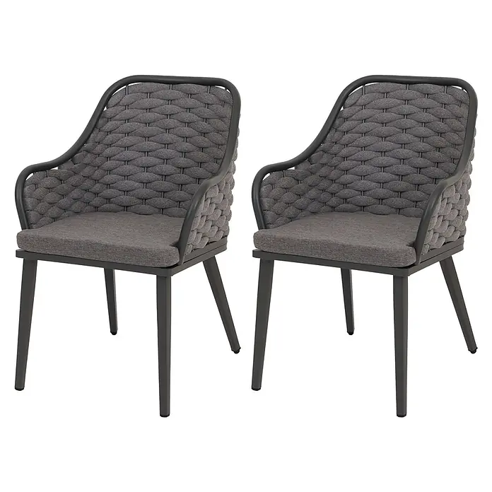 Proregal Gartenstuhl-Set 2er - 2 Stk., Anthrazit, B x T x H: 59 x 63 x 84 cm - Zwei dunkelgraue Outdoor-Sessel mit geflochtenen Rückenlehnen, gepolsterten Sitzkissen und Metallgestellen.